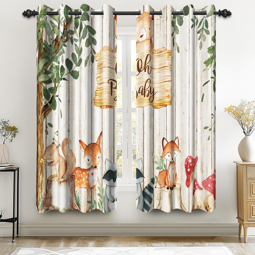Renaiss 52 x 63 Inch African Safari Baby Curtains Grommet Blackout Window Curtain Planks Animals Tropical Tree Stump Fox Squirrel Mushrooms Print Window Treatment for Kids Boys Bedroom Decor 2 Panels