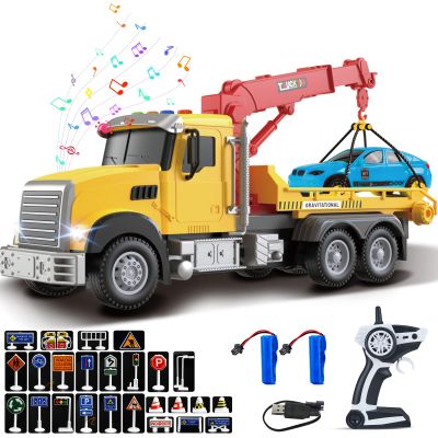 2.4GHz Remote Control Tow Truck for Kids RC Log Truck with Racing Car, 4 Channel RC Transport Crane Vehicle Toy with Lights & Sounds, 28PCS Traffic Signs, 2 Batteries Birthday Gift for Boys Girls