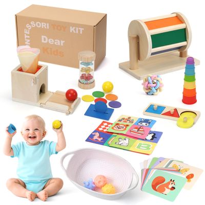Child-Safe Montessori Educational Sensory Toy Set for Babies and Toddlers 6-12 Months - Must-Have for Early Development - 10 in 1 Wooden Learning Toy kit with Object Permanence Box, Stacking Cups etc