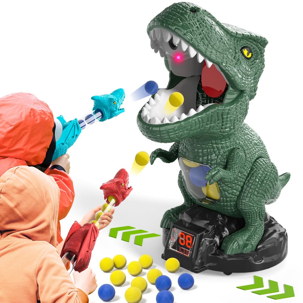 BLmukce Dinosaur Toys Shooting Game for Kids 3 4 5 6 7 8, T-Rex Dinosaur Toys with 2 Air Pump Launchers and 48 Foam Bullets, Interactive Competition Game Gift for Boys Ages 3-5 5-8 Years Old