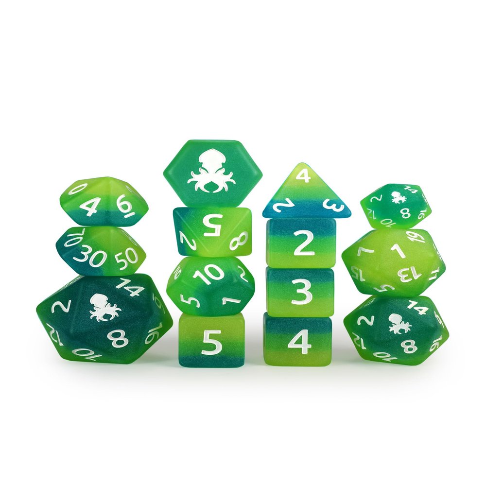 Aquatic Garden 14pc Glow in The Dark Dice Set Inked in White