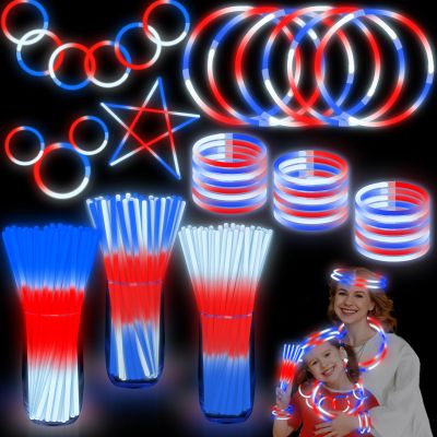 100 Pcs Glow Sticks 4th of July Party Favors,3 in 1 Neon Party Glow Bracelets and Necklaces Patriotic Red White Blue Glow Stick with Connectors for Kids & Adults Party Supplies,250th Anniversary Decor