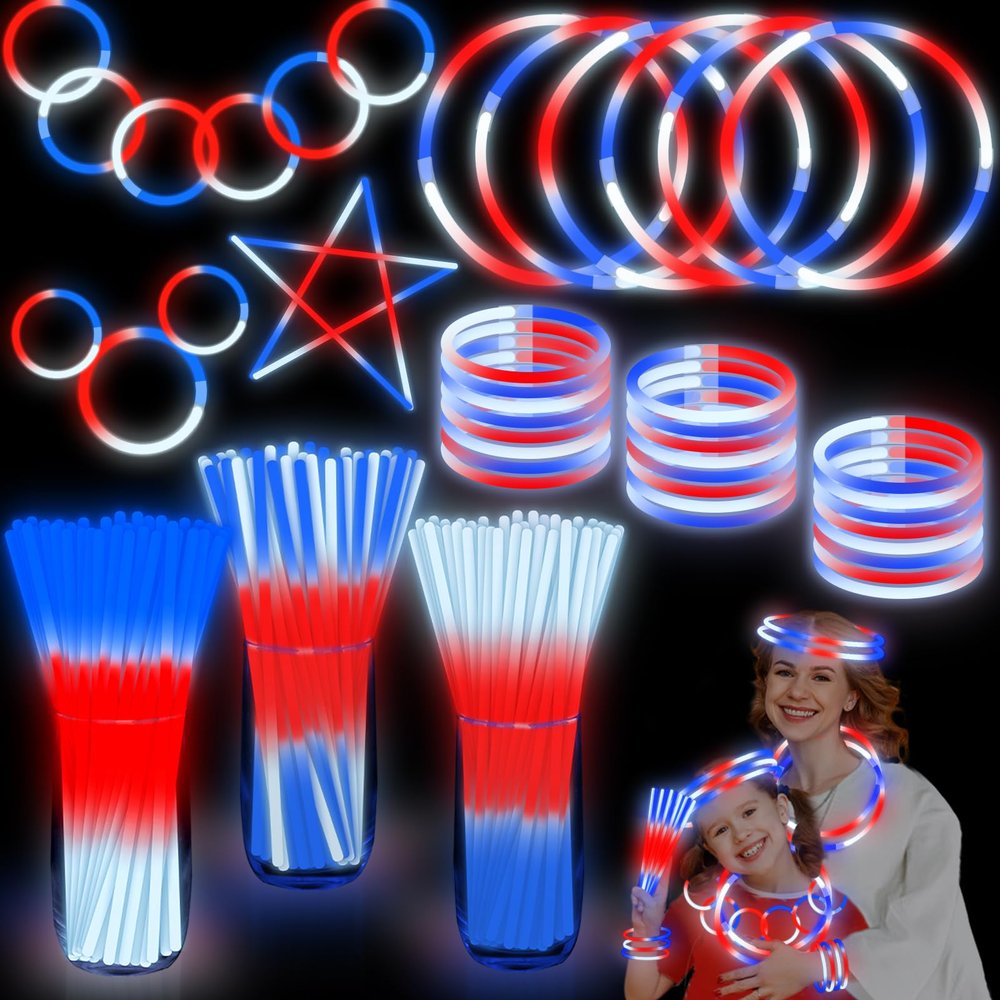 100 Pcs Glow Sticks 4th of July Party Favors,3 in 1 Neon Party Glow Bracelets and Necklaces Patriotic Red White Blue Glow Stick with Connectors for Kids & Adults Party Supplies,250th Anniversary Decor