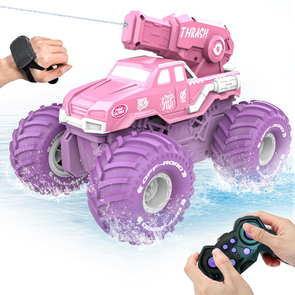 BEZGAR Amphibious Remote Control Car for Girls - Pink Monster Truck Toys 1:16 RC Boats 2.4GHz Waterproof Tank with Shooting Water Pistol, 4WD All-terrian Off-Road Pickup Outdoor, Girls Kids Gifts