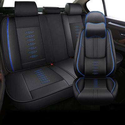 5PCS Car Seat Covers for Toyota Grand Highlander Hybrid 2024 Waterproof Seat Covers with Lumbar Support Nappa Leather Anti-Slip Car Seat Cover for Toyota Grand Highlander HybridBlack&Blue-Deluxe