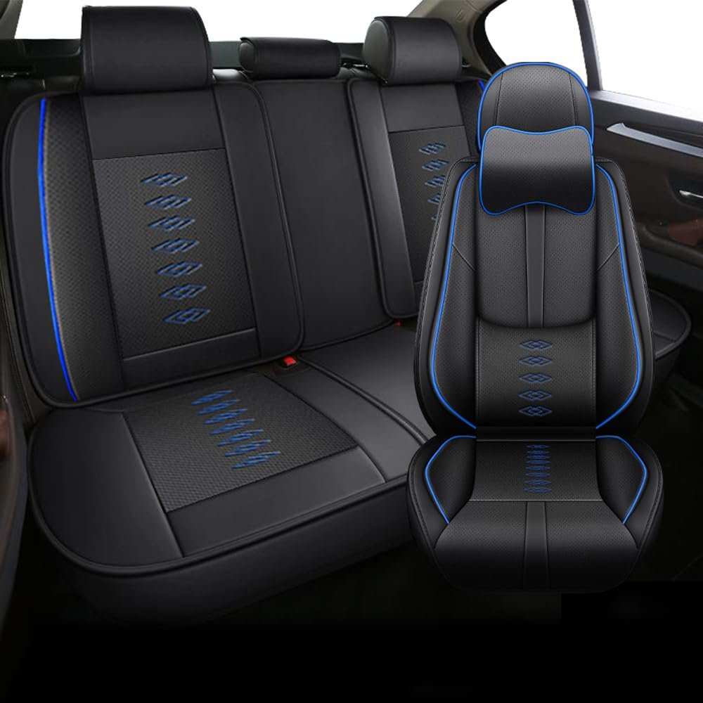 5PCS Car Seat Covers for Toyota Grand Highlander Hybrid 2024 Waterproof Seat Covers with Lumbar Support Nappa Leather Anti-Slip Car Seat Cover for Toyota Grand Highlander HybridBlack&Blue-Deluxe