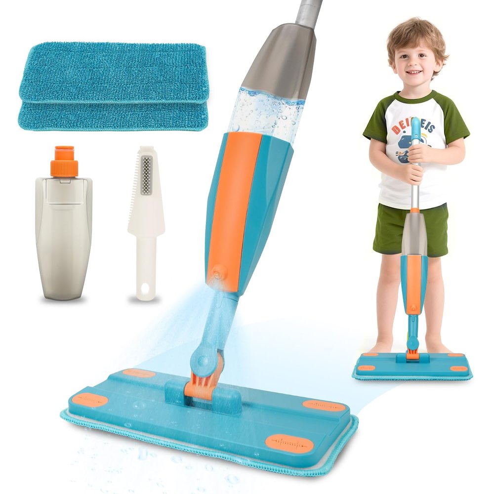 BAYMI Kids Spray Mop - Real Working Toddler Cleaning Toy Set with Water Sprayer & 2 Washable Pads - Montessori Mini Mop & Sweeper - Interactive Learning Toys for Kids Ages 3+