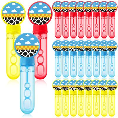 24 Pcs Cartoon Toy Bubble Wands Blue Sky White Clouds and Cow Print Mini Bubble Party Favor for Kids Toddlers Birthday Goody Bag Stuffer Filler Classroom Reward Gifts(Red, Yellow, Blue)
