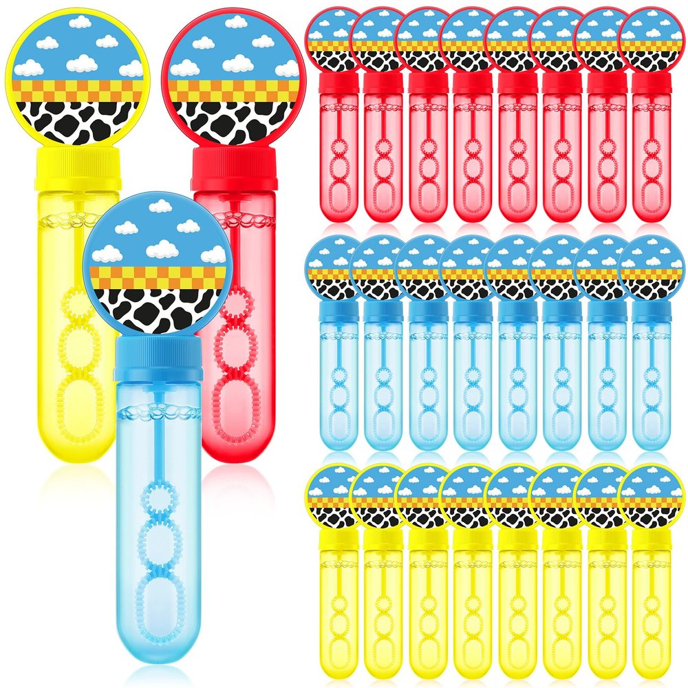 24 Pcs Cartoon Toy Bubble Wands Blue Sky White Clouds and Cow Print Mini Bubble Party Favor for Kids Toddlers Birthday Goody Bag Stuffer Filler Classroom Reward Gifts(Red, Yellow, Blue)