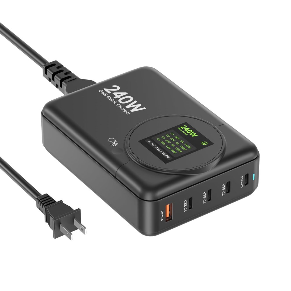 240W GaN Charger, 5-Port USB C Charger with 140W Max PD 3.1 Port, LED Display Desktop Charging Station Adapter for MacBook Pro/Air M3/M2/M1, Laptops, iPhone 17/16, Galaxy S24/S23, iPad, Steam Deck