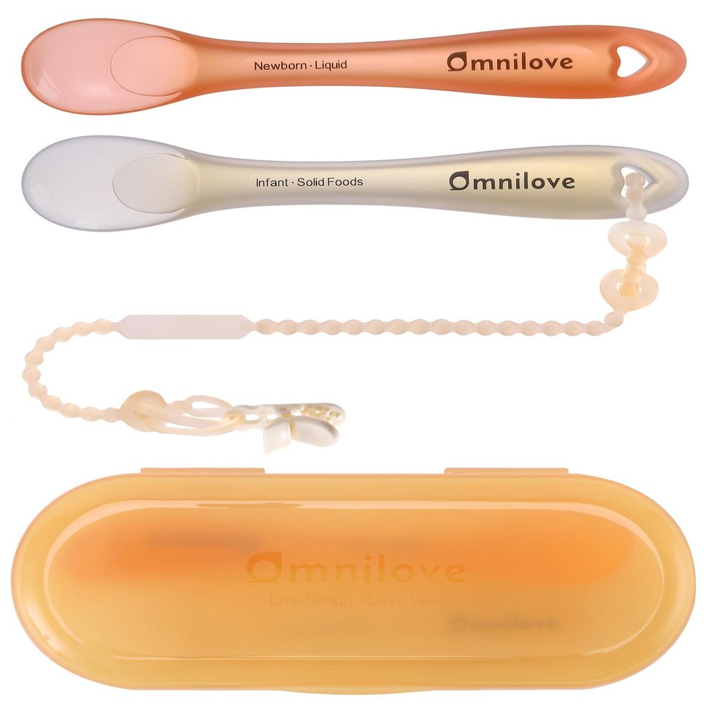 Omnilove Silicone Baby Spoons 2-Pack with Case, New Born Self Feeding Toddler Spoon, Baby Led Weaning Supplies, Toddler Utensils with Safety Chain, Baby Eating Essentials, Dishwasher Safe