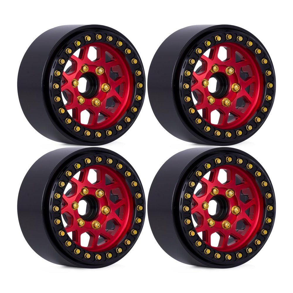 4pcs Aluminum 1.9 Beadlock Wheel Hub Rim for 1/10 RC Crawler Car SCX10 Pro TRX4 Capra RC4WD Redcat VS4-10 Gen8 LCG Spare Part (Red)