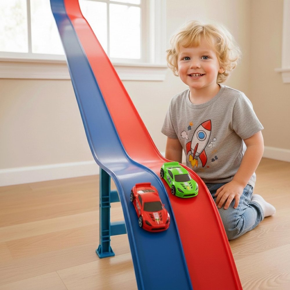 15 Ft Flexible Race Track for Kids with 2 Toy Cars, Safe US-Certified PVC Car Track Withstands Repeated Bending, Compatible with 1/64 Scale Model Cars and Powerful Suction Cups for Indoor and Outdoor