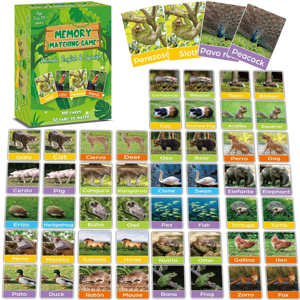 gisgfim 100 PCS Memory Matching Games Spanish English Bilingual Animal Memory Matching Games Educational Game for Kids and Adults A Fun & Fast Animal Game Toddlers Preschool Family Board Gift