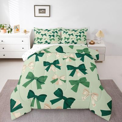 3D Bowknot Kids Bedding Sets Green and Beige Bow Tie Print Reversible Comforter for Boys Boho Girly Princess Style Quilt Set Soft Duvet Insert,1 Pillowcase Toddler Size