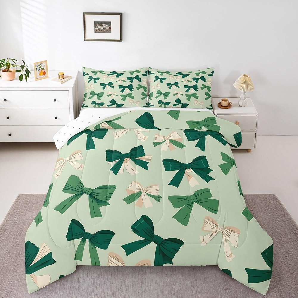 3D Bowknot Kids Bedding Sets Green and Beige Bow Tie Print Reversible Comforter for Boys Boho Girly Princess Style Quilt Set Soft Duvet Insert,1 Pillowcase Toddler Size