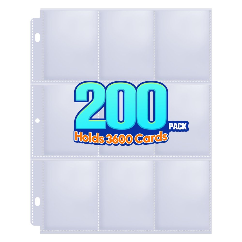 200 Pack 9 Pocket Trading Card Sleeve Pages,Page Protectors Card Sleeves Binder Sheets for 3 Ring Binder,Card Binder Sleeves for Baseball, Football, Game Sport Business Cards