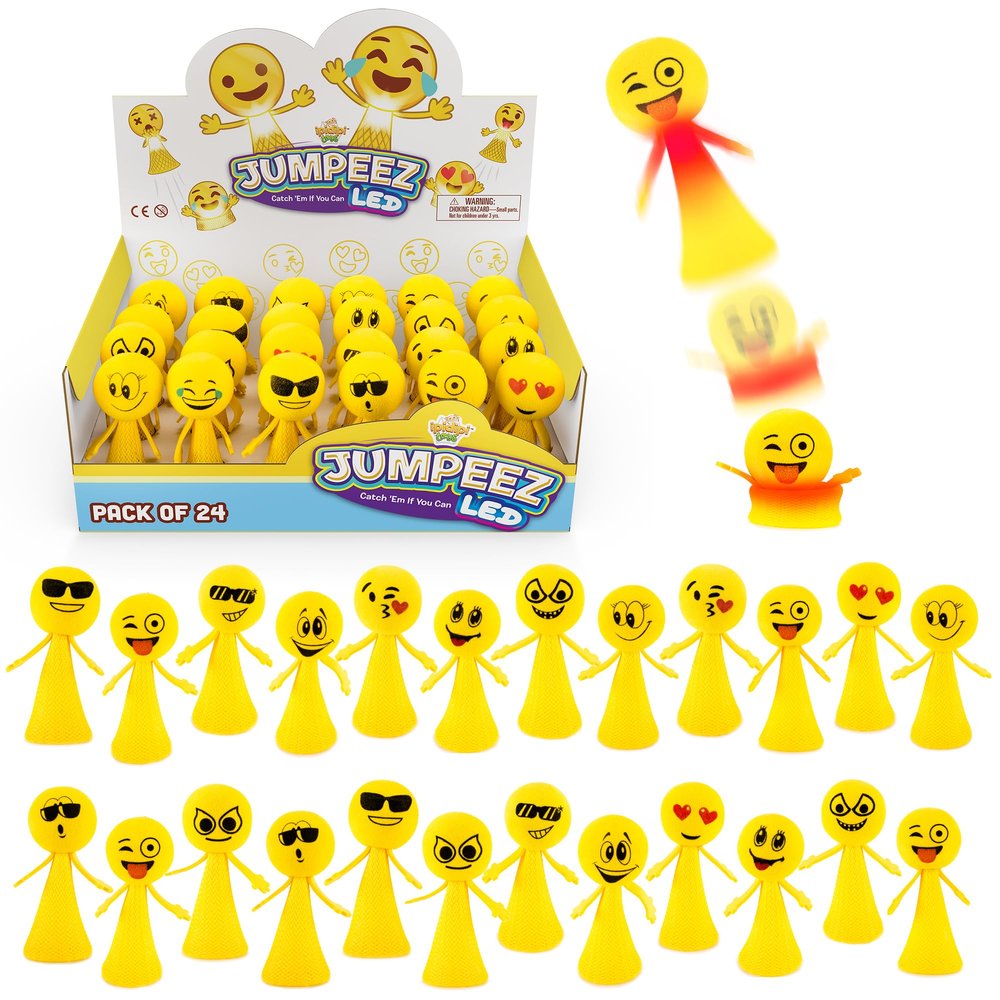 IPIDIPI TOYS Jumpeez LED Emoji Rocket Poppers 24-Pack Light Up Spring Launcher Toys, Easter Basket Stuffers for Kids, Birthday Party Favors, Easter Egg Fillers, Kids Valentines Day Gifts for School