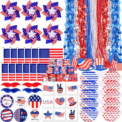 Palonu 181Pcs 4th of July Patriotic Accessories for kids Including Glasses Necklaces Handheld US Flags Bracelets Pinwheels Brooches Tattoos for Independence Day, Memorial Day Party Decorations