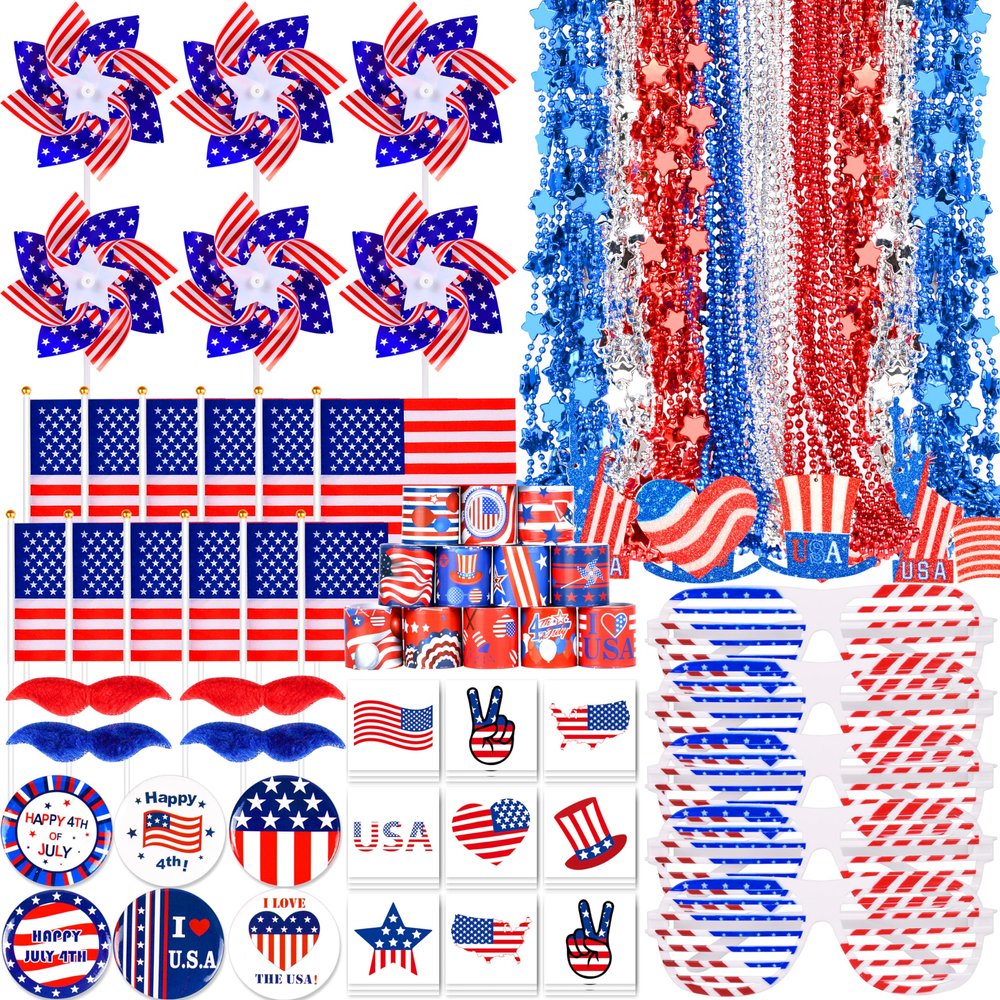Palonu 181Pcs 4th of July Patriotic Accessories for kids Including Glasses Necklaces Handheld US Flags Bracelets Pinwheels Brooches Tattoos for Independence Day, Memorial Day Party Decorations