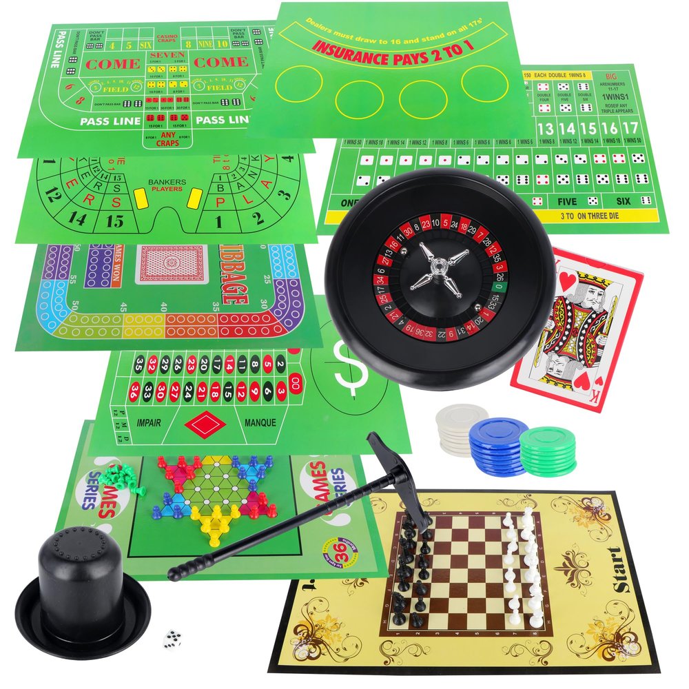 Xelue FF 10 in 1 Roulette Wheel Game Set Include 6" Roulette Wheel with 8 Playing Mats, Dice Cup, Checkers, Blackjack