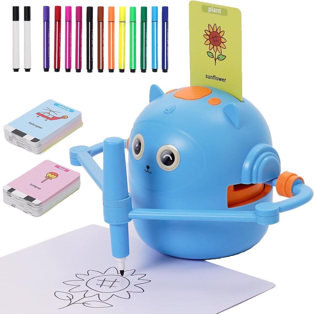 Drawing Robot for Kids with 100 Cards 12 Watercolor Pens and 2 Pens, Voice Interactive Educational Drawing Machine, Montessori Painting Learning Toys for 3 4 5 6 7 8 Year Old Boys Girls Birthday Party