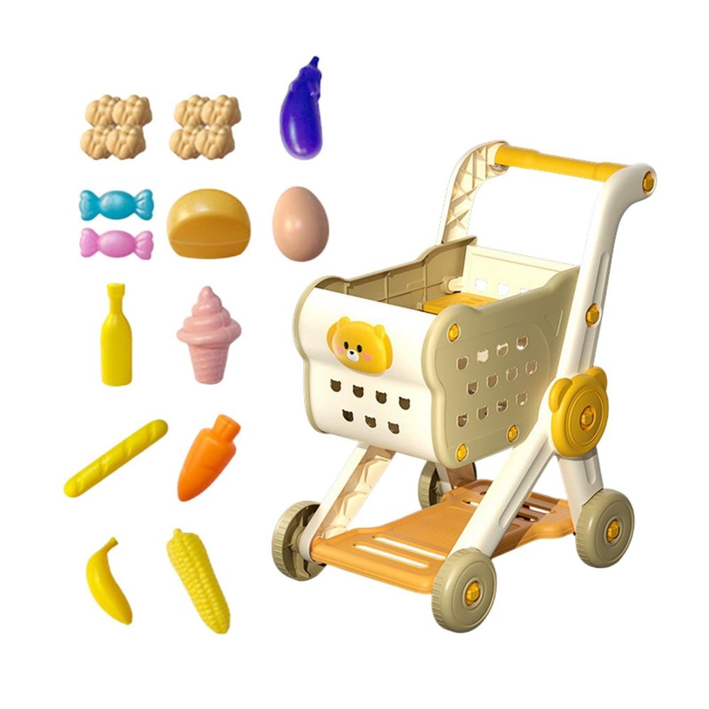 RCULWPLP Play Food Shopping Cart for Toddlers with Storage and Learning Features, Beige