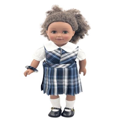 18 inch Doll Outfit-School Plaid Jumper Include Blouse and Hair Accessory/Add on Option: Sock and Shoe (Doll is not Included) (Split Jumper,Sock,Matte Black Only, Plaid 85)