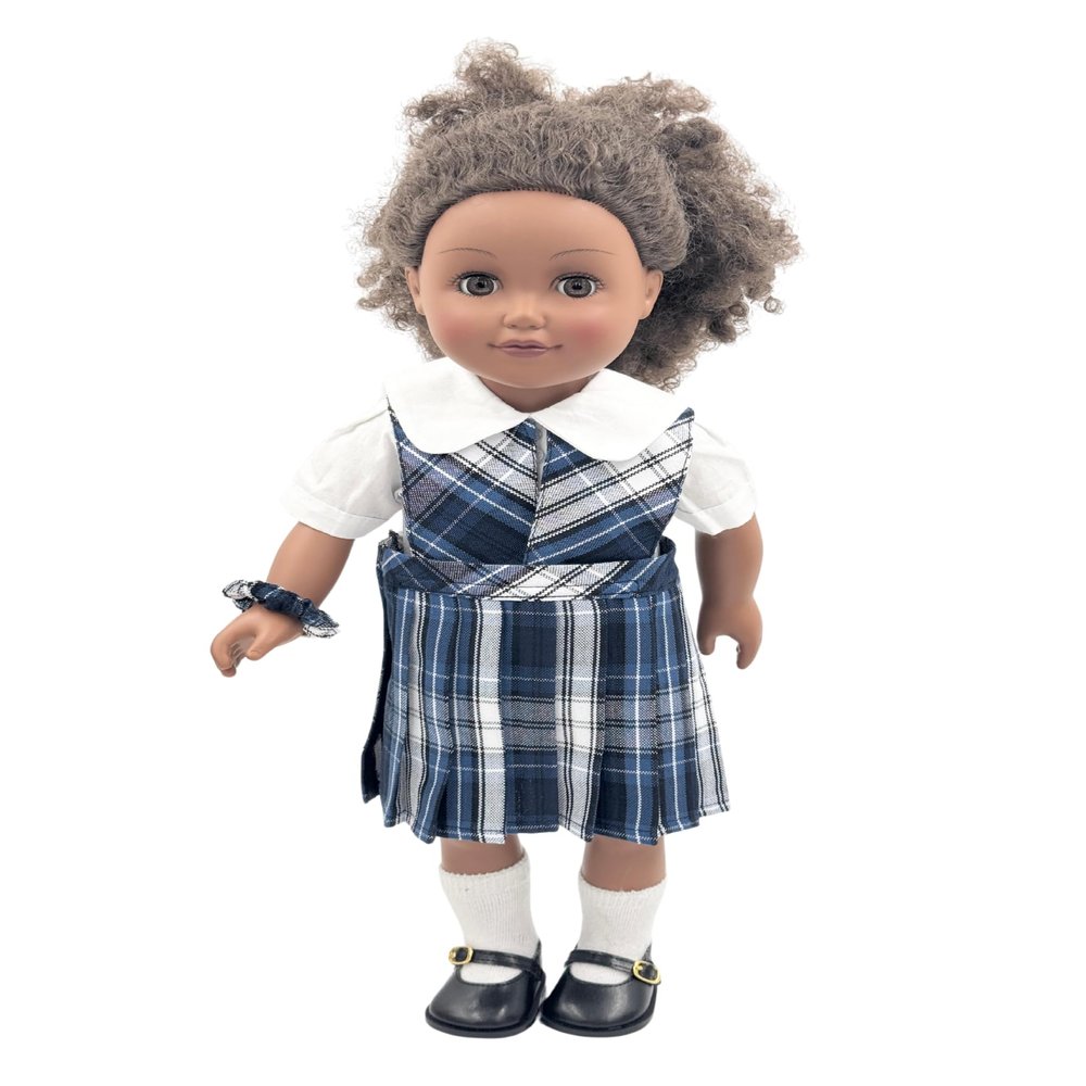 18 inch Doll Outfit-School Plaid Jumper Include Blouse and Hair Accessory/Add on Option: Sock and Shoe (Doll is not Included) (Split Jumper,Sock,Matte Black Only, Plaid 85)
