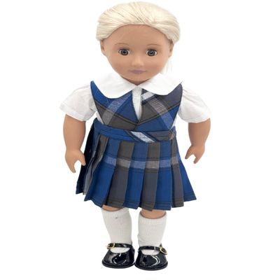 18 inch Doll Outfit-School Plaid Jumper Include Blouse and Hair Accessory/Add on Option: Sock and Shoe (Doll is not Included) (Split Jumper,Sock,Shiny Black Shoe, Plaid 73)