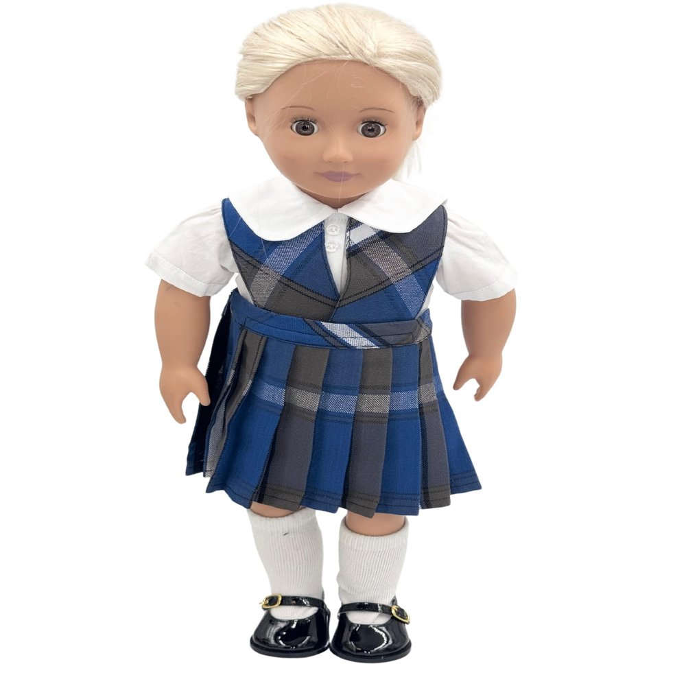 18 inch Doll Outfit-School Plaid Jumper Include Blouse and Hair Accessory/Add on Option: Sock and Shoe (Doll is not Included) (Split Jumper,Sock,Shiny Black Shoe, Plaid 73)