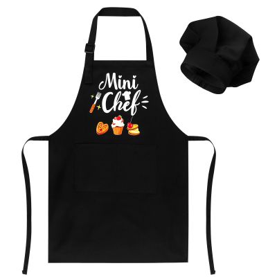 XLSXEXCL Kids Apron and Chef Hat Set, Mini Chef Funny Apron Adjustable Kitchen Apron for Boys and Girls for Cooking Baking Painting and Training (Black)
