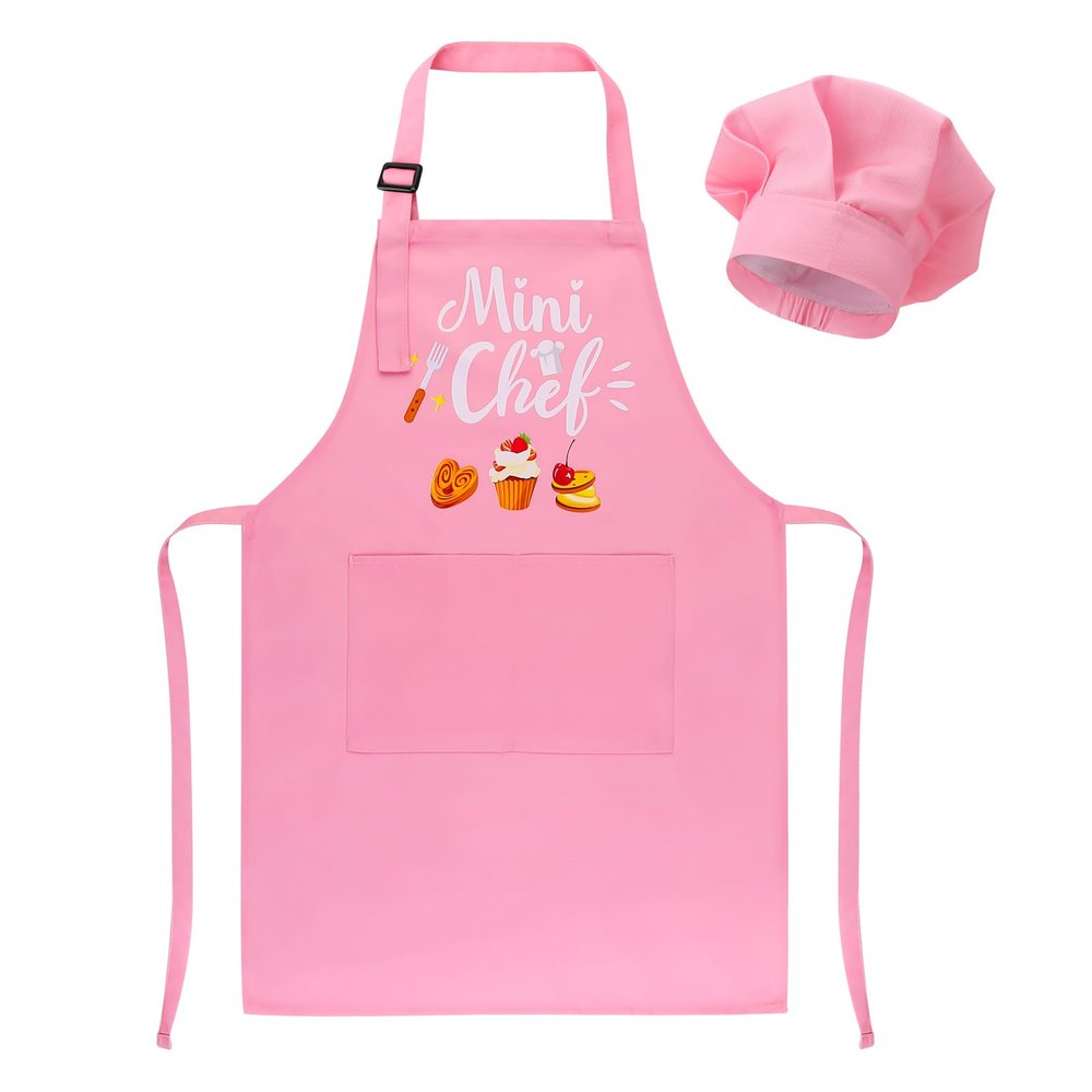 XLSXEXCL Kids Apron and Chef Hat Set, Mini Chef Funny Apron Adjustable Kitchen Apron for Boys and Girls for Cooking Baking Painting and Training (Pink)