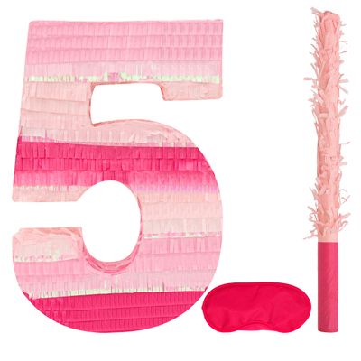 Birchio Pinks Number 5 Pinatas Bundle with a Blindfold and Bat(16.1 x 11 x 4 Inches), Perfect for Boys and Girls Birthday Party Supplies, Pink Theme Birthday Decoration (Pink Number 5)