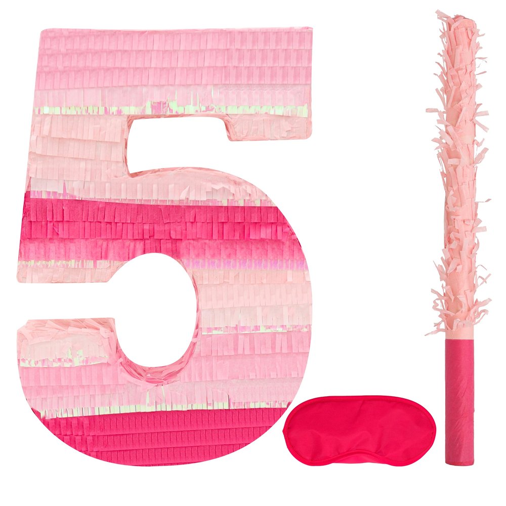Birchio Pinks Number 5 Pinatas Bundle with a Blindfold and Bat(16.1 x 11 x 4 Inches), Perfect for Boys and Girls Birthday Party Supplies, Pink Theme Birthday Decoration (Pink Number 5)