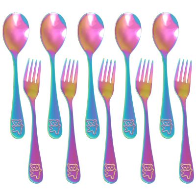 10 Piece Stainless Steel Silverware Set Silverware Safe Flatware Includes 5 Small Spoons and 5 Forks Ergonomic Utensil Set Cartoon Bear Flatware Dishwasher Safe
