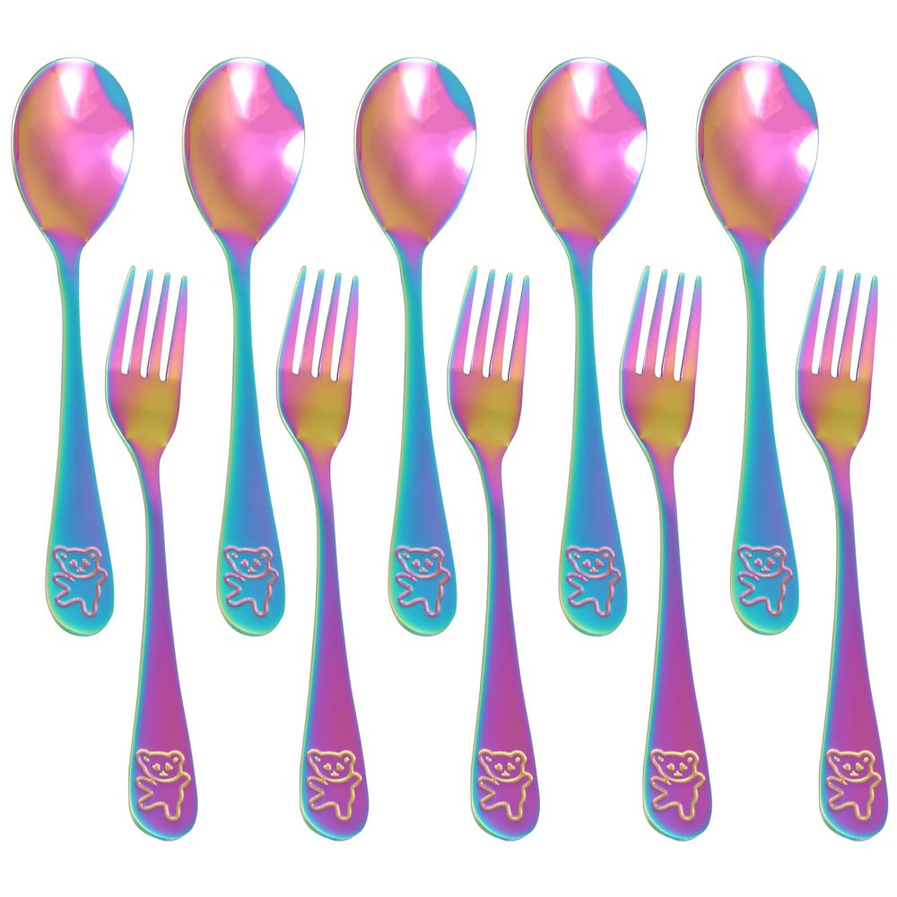 10 Piece Stainless Steel Silverware Set Silverware Safe Flatware Includes 5 Small Spoons and 5 Forks Ergonomic Utensil Set Cartoon Bear Flatware Dishwasher Safe