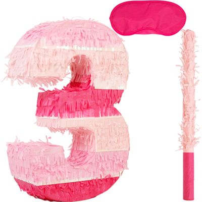 Birchio Pinks Number 3 Pinatas Bundle with a Blindfold and Bat(16.1 x 10.75 x 4 Inches), Perfect for Boys and Girls Birthday Party Supplies, Pink Theme Birthday Decoration (Pink Number 3)