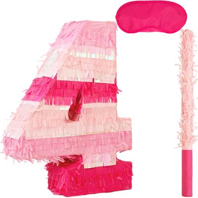 Birchio Pinks Number 4 Pinatas Bundle with a Blindfold and Bat(16.1 x 11.6 x 4 Inches), Perfect for Boys and Girls Birthday Party Supplies, Pink Theme Birthday Decoration (Pink Number 4)