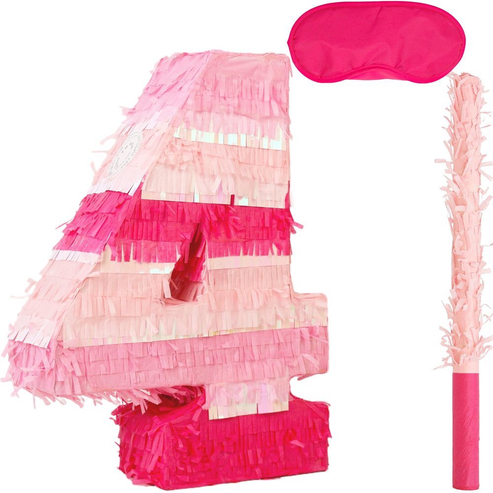 Birchio Pinks Number 4 Pinatas Bundle with a Blindfold and Bat(16.1 x 11.6 x 4 Inches), Perfect for Boys and Girls Birthday Party Supplies, Pink Theme Birthday Decoration (Pink Number 4)