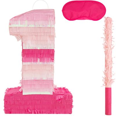 Birchio Pink Number 1 Pinatas Bundle with a Blindfold and Bat(16.1 x 10.6 x 4 Inches), Perfect for Boys and Girls Birthday Party Supplies, Pink Theme Birthday Decoration