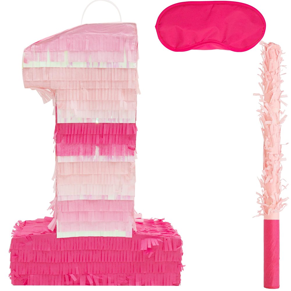 Birchio Pink Number 1 Pinatas Bundle with a Blindfold and Bat(16.1 x 10.6 x 4 Inches), Perfect for Boys and Girls Birthday Party Supplies, Pink Theme Birthday Decoration