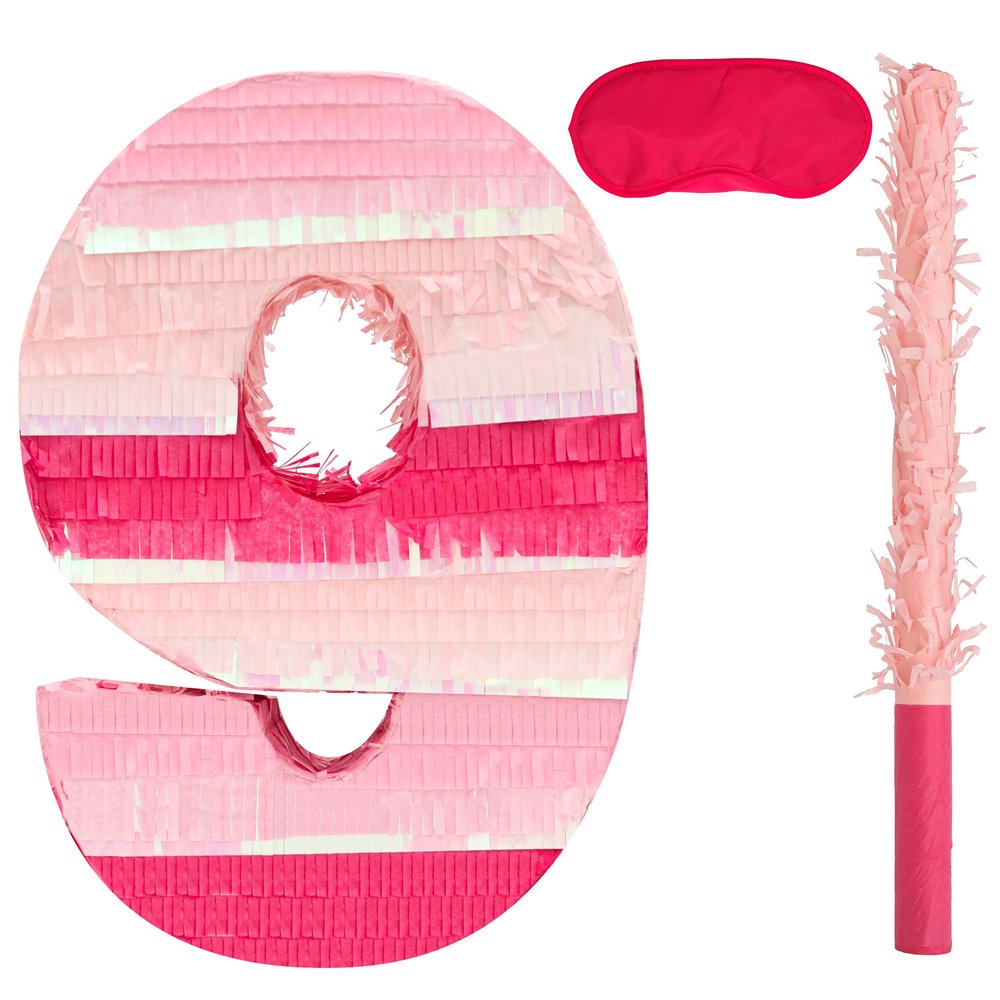 Birchio Pinks Number 9 Pinatas Bundle with a Blindfold and Bat(16.1 x 11 x 4 Inches), Perfect for Boys and Girls Birthday Party Supplies, Pink Theme Birthday Decoration (Pink Number 9)
