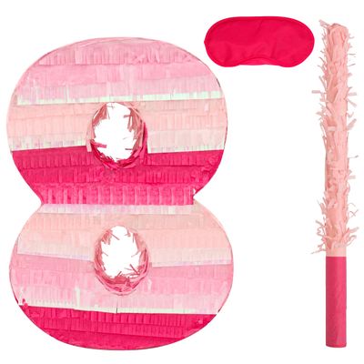 Birchio Pinks Number 8 Pinatas Bundle with a Blindfold and Bat(16.1 x 11 x 4 Inches), Perfect for Boys and Girls Birthday Party Supplies, Pink Theme Birthday Decoration (Pink Number 8)