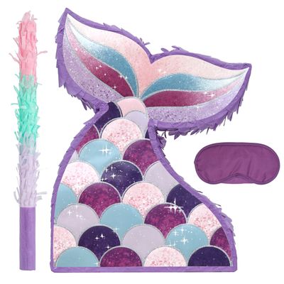 Birchio Mermaid Tail Pinatas Bundle with a Blindfold and a Bat (16.5 x 12 x 4 Inches), Perfect for kid's Birthday Parties, Mermaid Theme Parties for Girls, Decorations