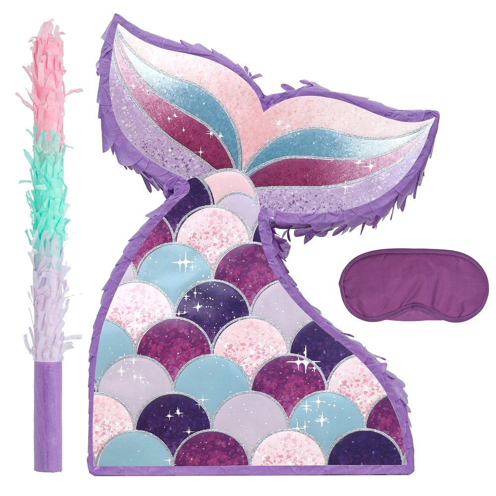 Birchio Mermaid Tail Pinatas Bundle with a Blindfold and a Bat (16.5 x 12 x 4 Inches), Perfect for kid's Birthday Parties, Mermaid Theme Parties for Girls, Decorations