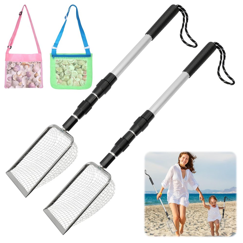 Yuuchoringee 2 Pack Sand Sifter,Beach Shark Tooth Sifter,Shell Scooper for Beach Dipper Scoop with Long Adjustable Handle Shovel Tool for Picking Up Shells,with Two Bags
