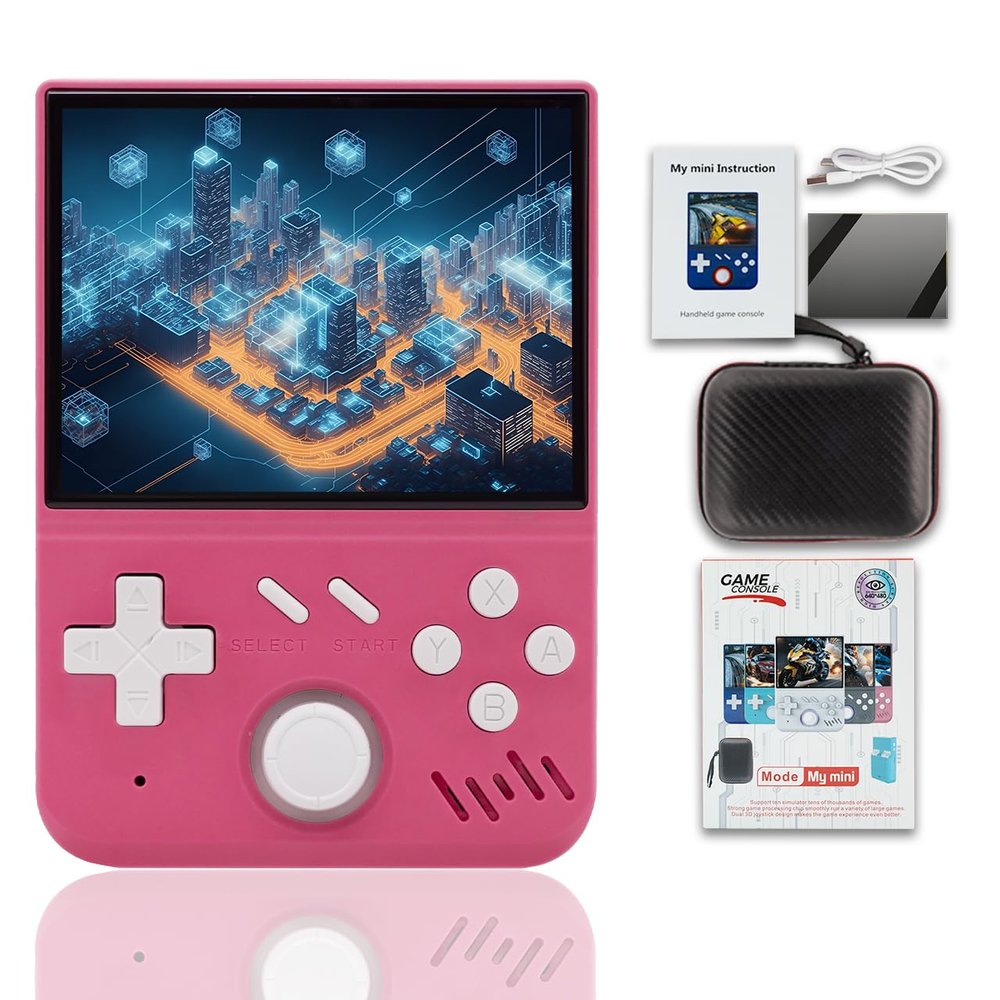 EWDGOES My Mini Handheld Game Console 3.5-in 640 * 480 IPS OCA Screen RK3326 4000mAh with Portable Case Pink-64GBVer.