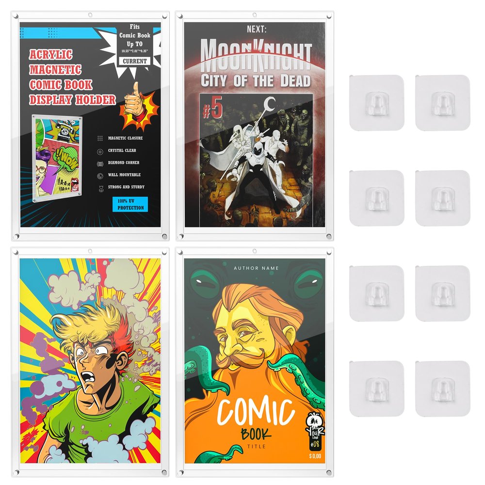 4 Pack Magnetic Comic Book Protector Hard Case Current Comic Book Display Cases Comic Book Top Loaders Clear Acrylic One Touch Premium Wall Mountable UV Protection Slab Protectors Fits Most Comics