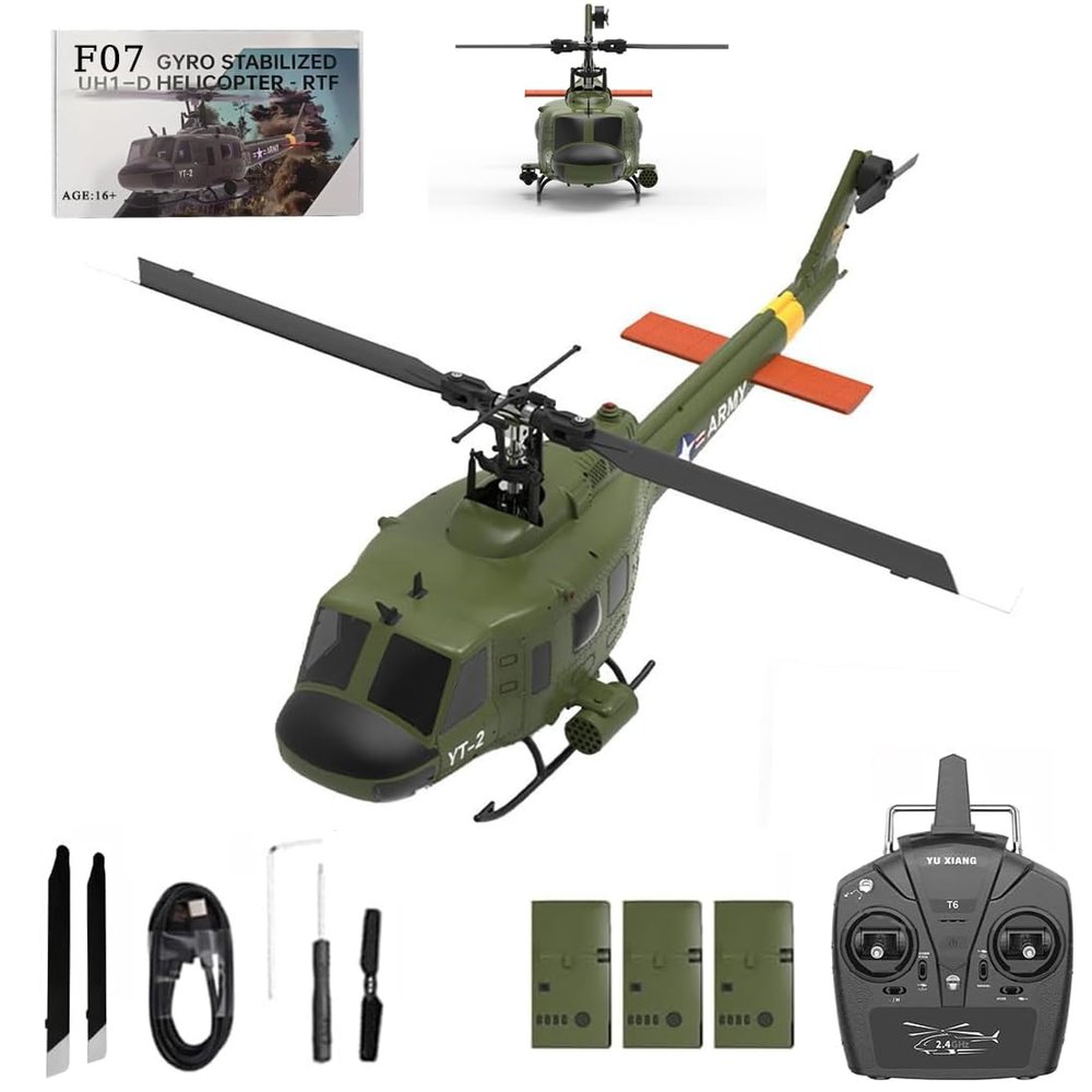 Actualia YUXIANG F07 UH-1 RC Helicopter for Huey, 1/34 Scale 6CH Brushless Direct-Drive 6G Flybarless Remote Control Helicopter, Optical Flow Positioning, RTF for Beginners & Enthusiasts